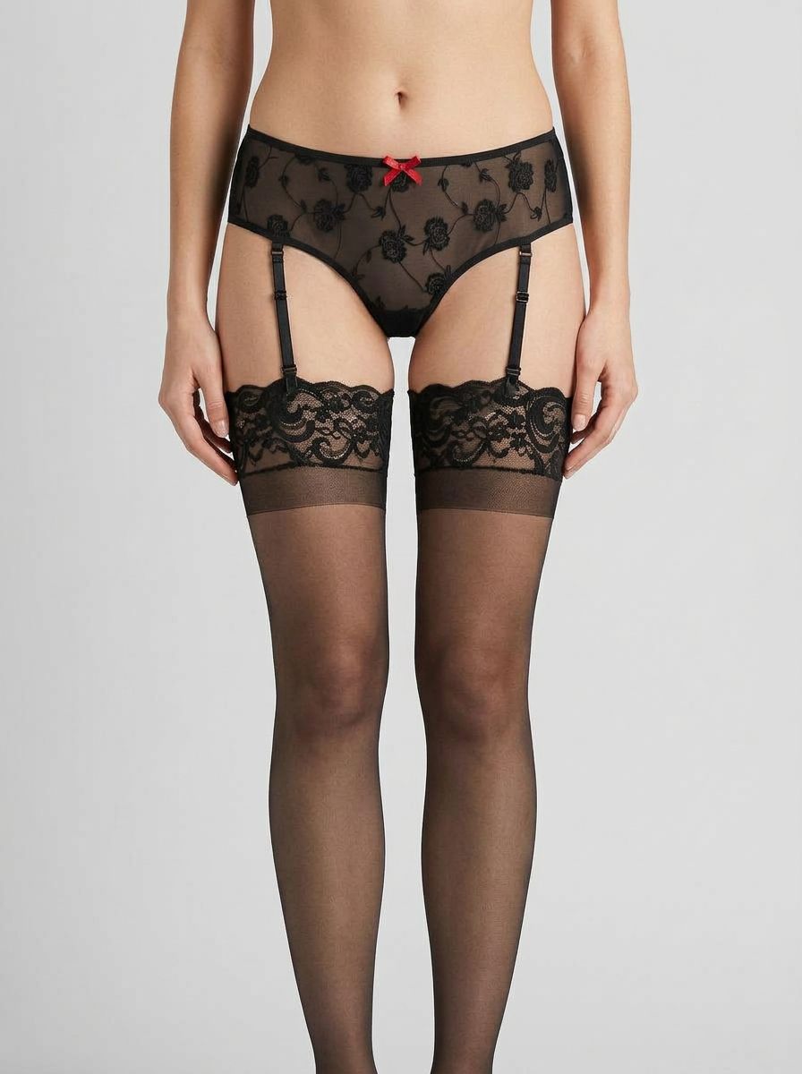 Elegant Baci Rose Open Crotch Boyshorts showcasing soft transparent mesh and stylish garter straps, embodying luxury and sensuality.