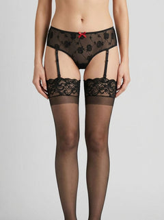 Elegant Baci Rose Open Crotch Boyshorts showcasing soft transparent mesh and stylish garter straps, embodying luxury and sensuality.