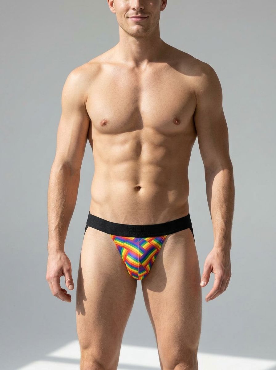 Male Power men's jock strap with rainbow pride flag print, featuring a colorful, supportive design for pride and comfort.