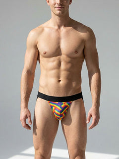 Close-up view of Male Power Printed Jock revealing the soft fabric and plush waistband, designed in a vibrant Rainbow Pride Flag Print, epitomising luxury in rainbow jock underwear.