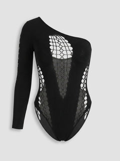 Sophisticated Pink Lipstick Queen Size Black Mesh Cut Out One Sleeve Bodysuit capturing the essence of luxury lingerie with its eye-catching design and flattering fit.