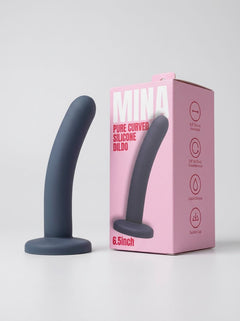 Mina Pure curved silicone dildo, 6.5 inches, in natural skin tone, designed for realistic sensation and flexible use.