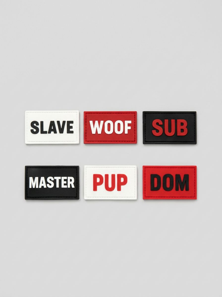 Prowler RED Switch Jock Badges set with adjustable hook-and-loop kink patches, featuring vibrant, removable accessories for BDSM gear.