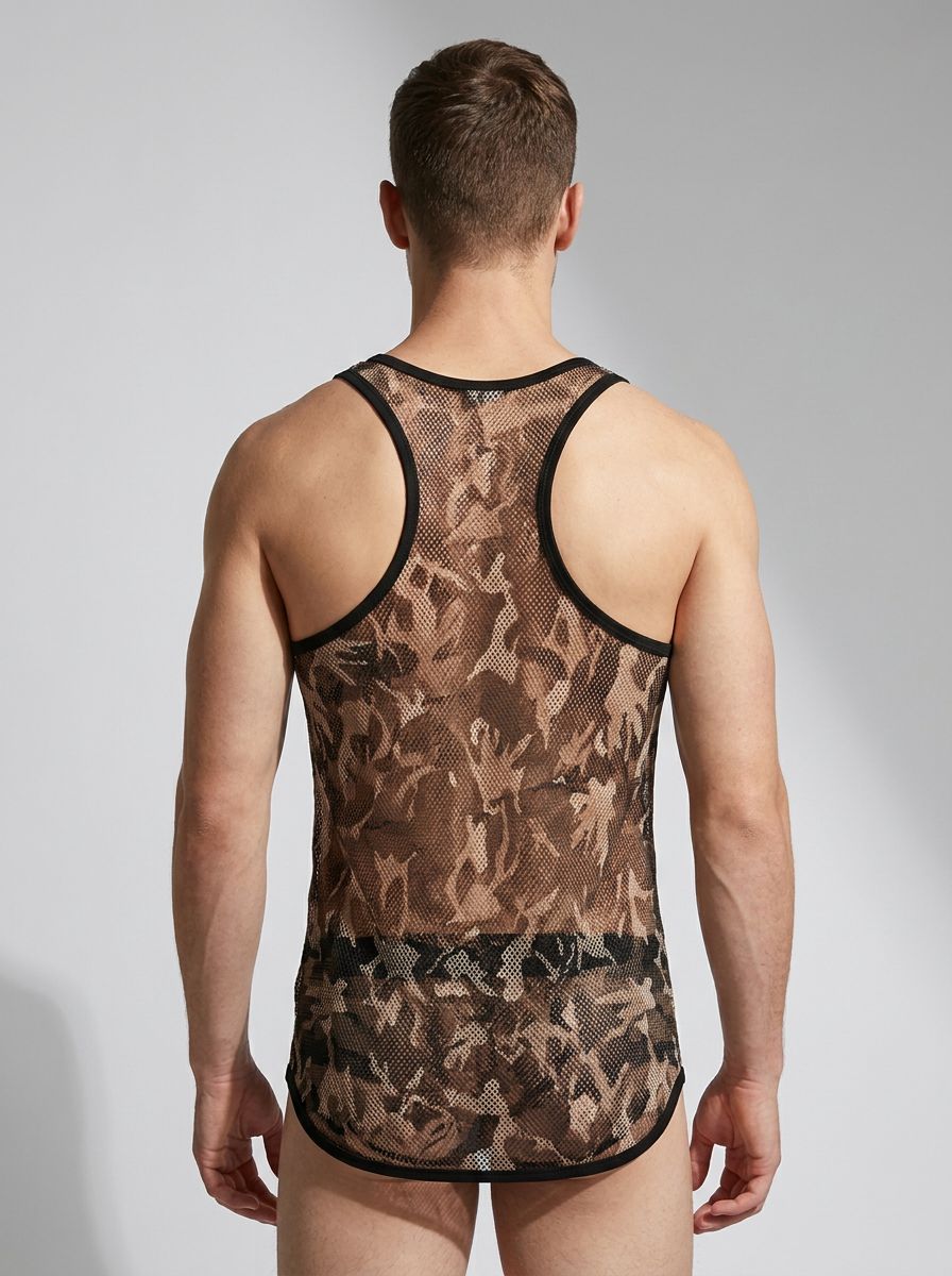 Envy men's camouflage fishnet sport tank top, sleeveless athletic shirt with a bold fishnet design for activewear and casualwear.