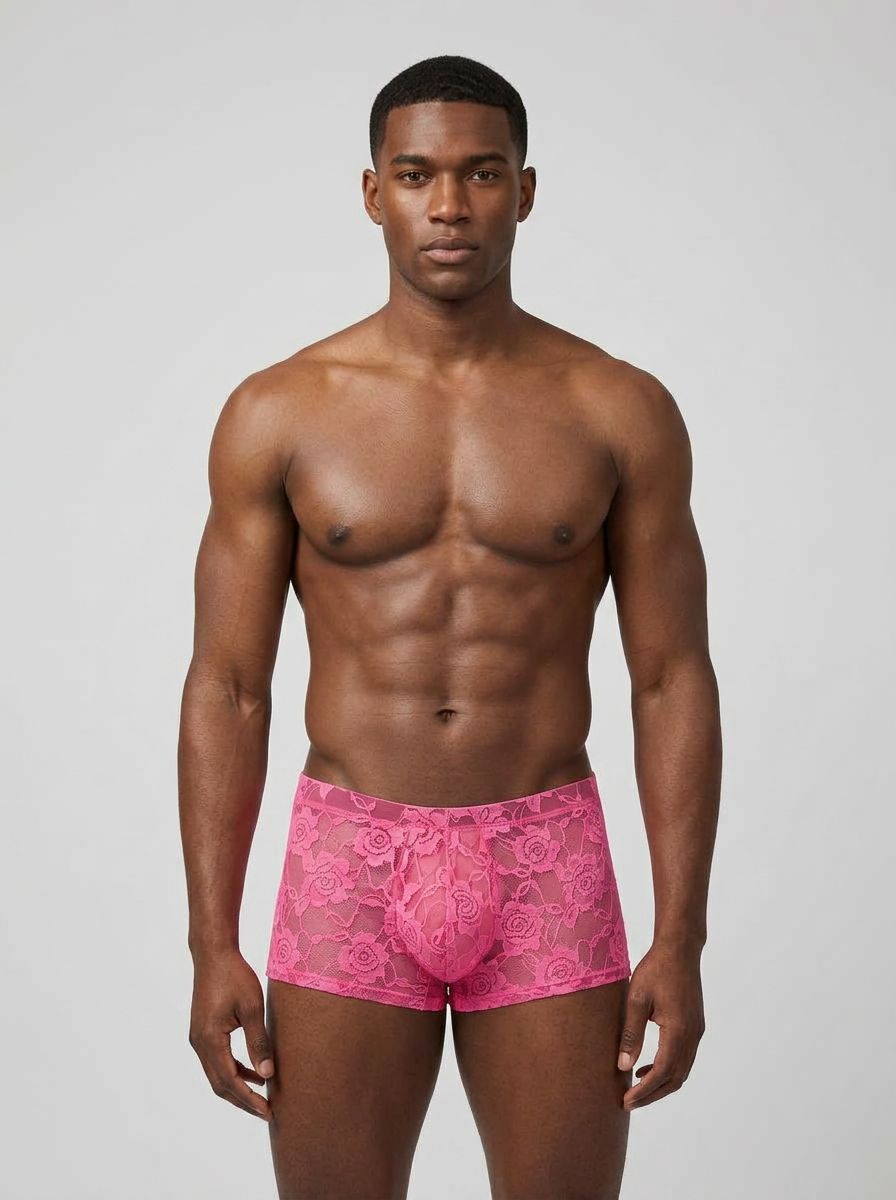 Male Power men's briefs in pink or turquoise lace, or rainbow stripe with a mini short style, showcasing colorful, fitted underwear.