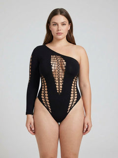 Stylish Pink Lipstick Queen Size Black Mesh Cut Out One Sleeve Bodysuit displaying sheer detailing and an asymmetric neckline, adding a touch of allure to any wardrobe.