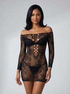 Close-up of the floral lace details on the Rene Rofe Tie Breaker Black Long Sleeve Floral Lace Dress, highlighting the exquisite craftsmanship and romantic aesthetic.