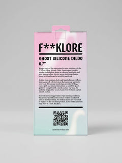 Back of the F**kLore Ghost Silicone Tiered Textured Fantasy Dildo packaging with product details and care information