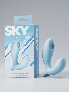 Sky Stratus Tapping Plug on display, emphasising its sleek shape that contours to anatomically target the g-spot beautifully.