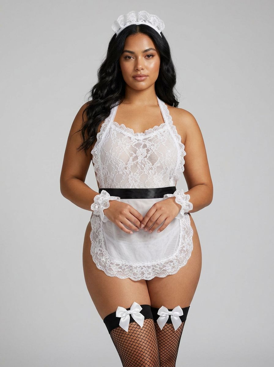 Scandals 5-piece maid costume with black and white dress, apron, headpiece, gloves, and collar for women’s cosplay or costume parties.