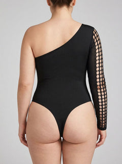 Sleek Pink Lipstick Queen Size Black Mesh Cut Out One Sleeve Bodysuit with a striking silhouette and bold mesh features, the ultimate choice for confident clubwear.