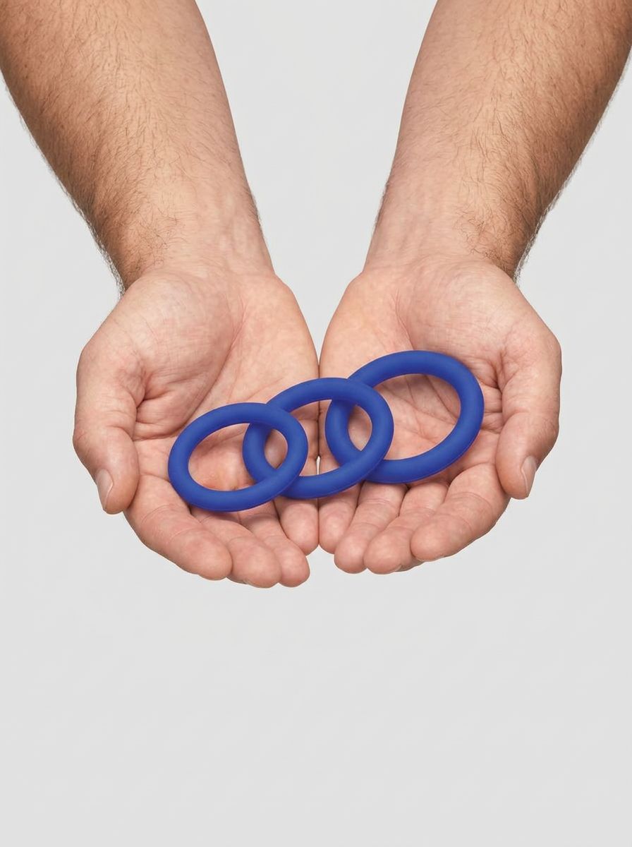 Me You Us Signature The Chubby Silicone Cock Ring 3Pc Set, blue cock ring set close-up