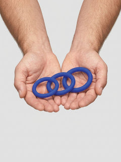 Me You Us Signature The Chubby Silicone Cock Ring 3Pc Set, blue cock ring set close-up