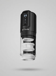 Amovibe Porsha Automatic Masturbator displayed with its digital mode display and USB charging feature, exemplifying modern luxury in male pleasure devices.