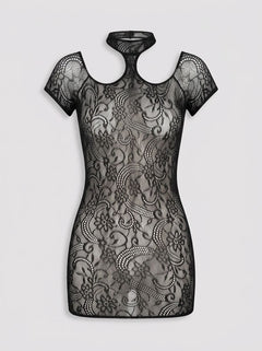 Model elegantly displaying the Rene Rofe Black Cold Shoulder Lace Bodystocking Dress, a stylish bodystocking dress for boudoir and clubwear, exuding confidence and allure.
