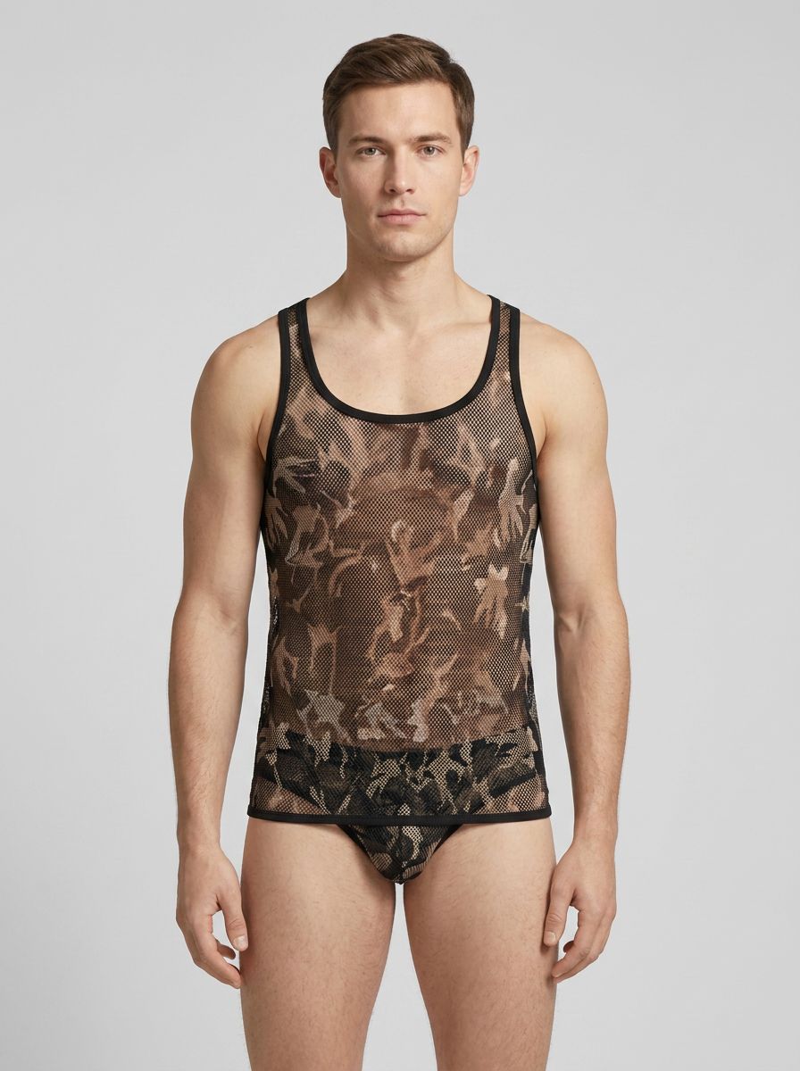 Envy men's camouflage fishnet sport tank top, sleeveless athletic top with fishnet fabric, ideal for activewear and casual style.
