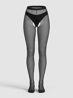 Leg Avenue Sheer Black Nylon Crotchless Pantyhose Tights on a sartorial backdrop, illustrating the sophistication and allure of luxurious crotchless tights.