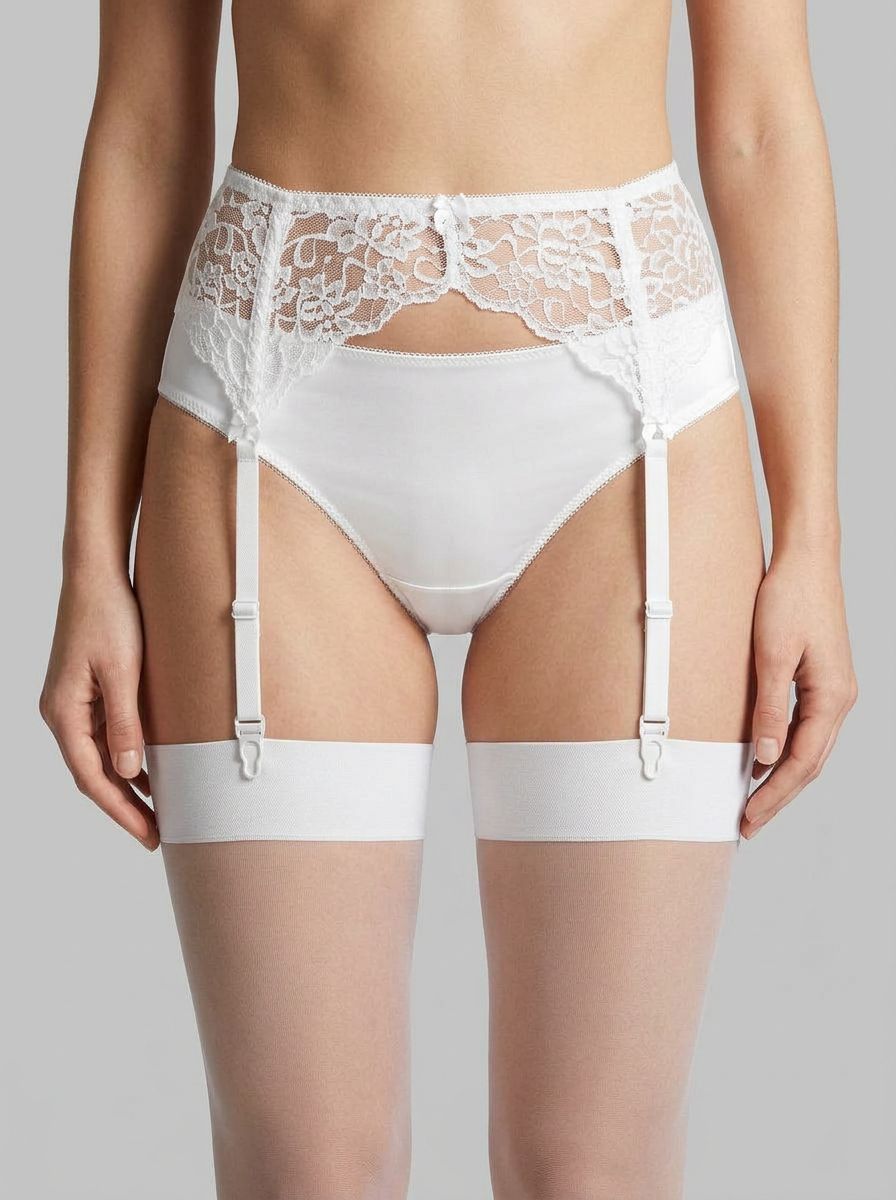 Sunburst embroidered flower lace suspender garter belt with delicate floral embroidery and adjustable straps.