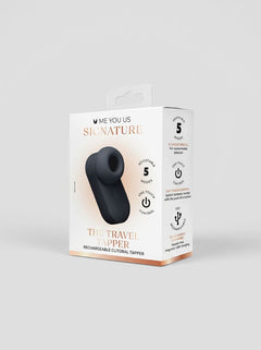 Me You Us Signature The Travel Tapper Pulsating Clitoral Suction Vibrator displaying the button control and compact clitoral suction vibrator design