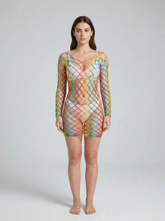 Luxury Lace by LJ Rainbow Long Sleeved Mini Dress, showcasing vibrant colours, perfect as a stand-out fishnet mini dress.