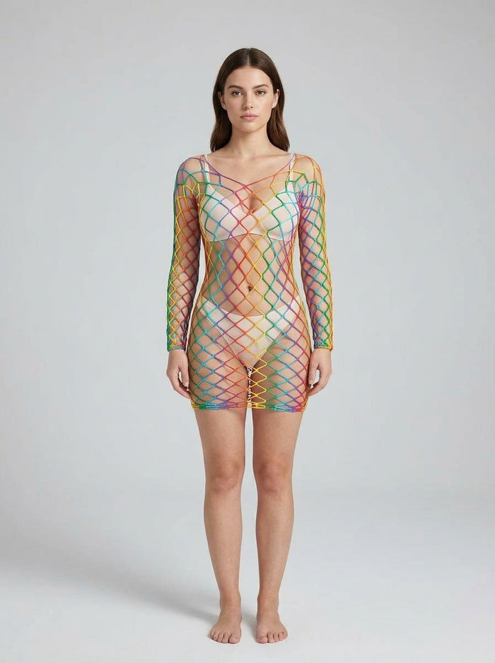 Luxury Lace by LJ Rainbow Long Sleeved Mini Dress, showcasing vibrant colours, perfect as a stand-out fishnet mini dress.