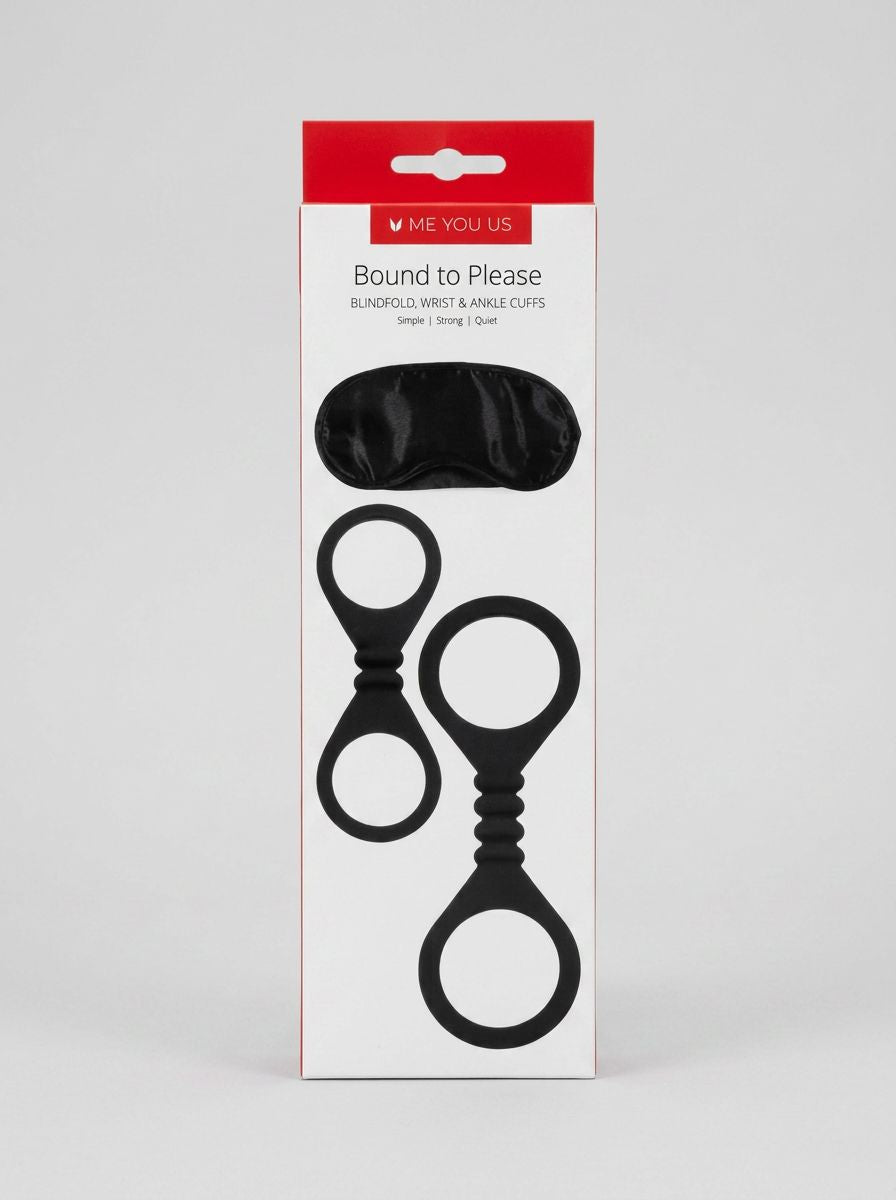 Me You Us bondage kit featuring a black blindfold, wrist cuffs, and ankle cuffs for consensual BDSM restraint play.