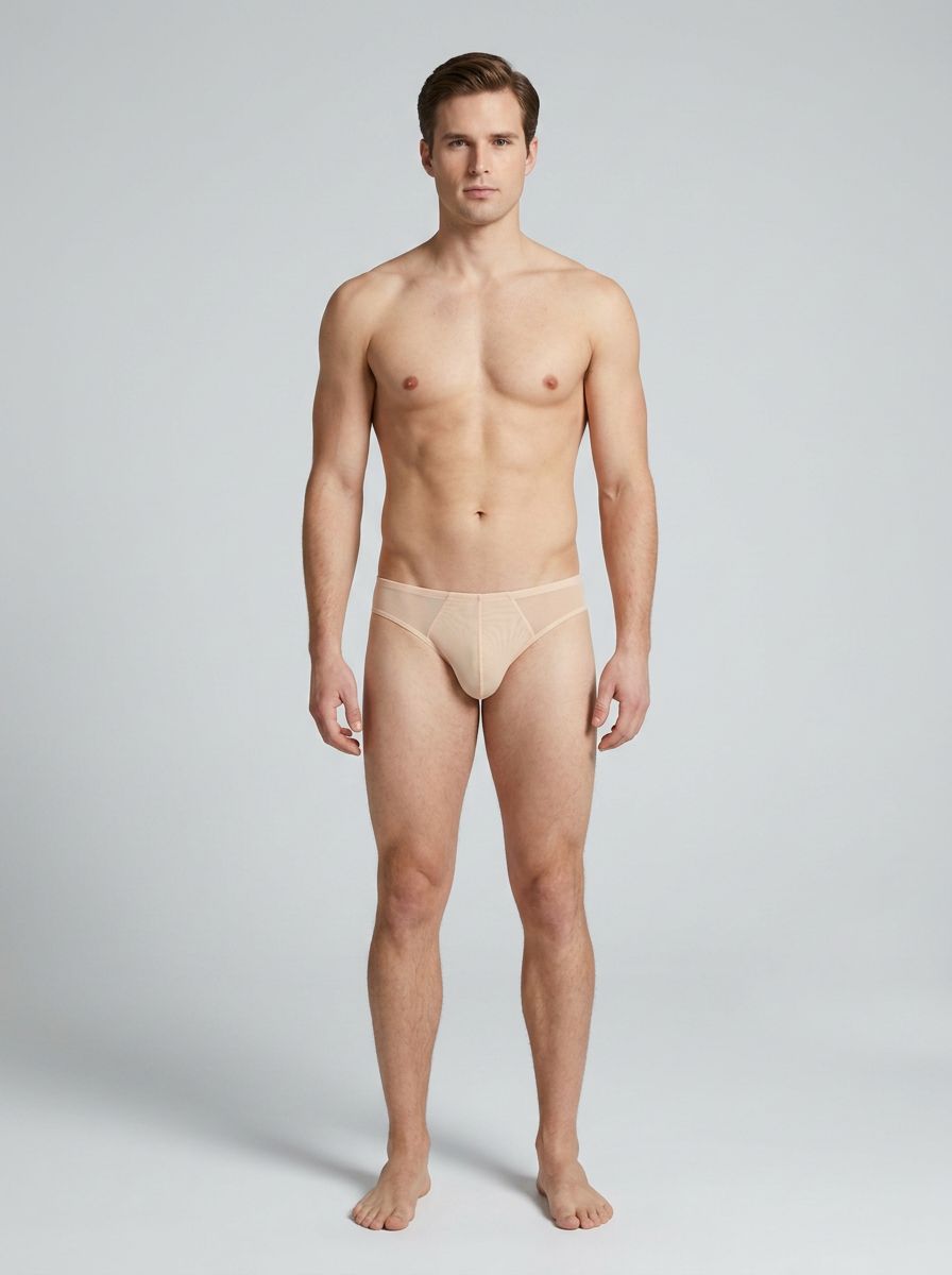 Men's Wonder Bikini Brief by Male Power in pink lace, nude mesh, or black fishnet, shown in a close-up on a white background.