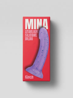 Purple silicone dildo from Loving Joy's Mina Starlight collection, 7 inches, featuring a starry design and smooth texture.