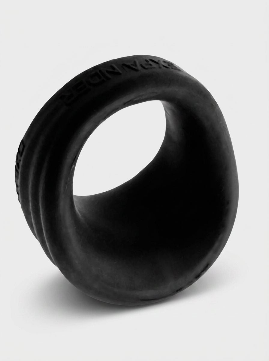 HunkyJunk Expander Silicone Cock & Ball Ring in Black Fog, front angled view of the luxurious supportive cock ring opening