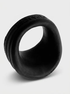 HunkyJunk Expander Silicone Cock & Ball Ring in Black Fog, front angled view of the luxurious supportive cock ring opening