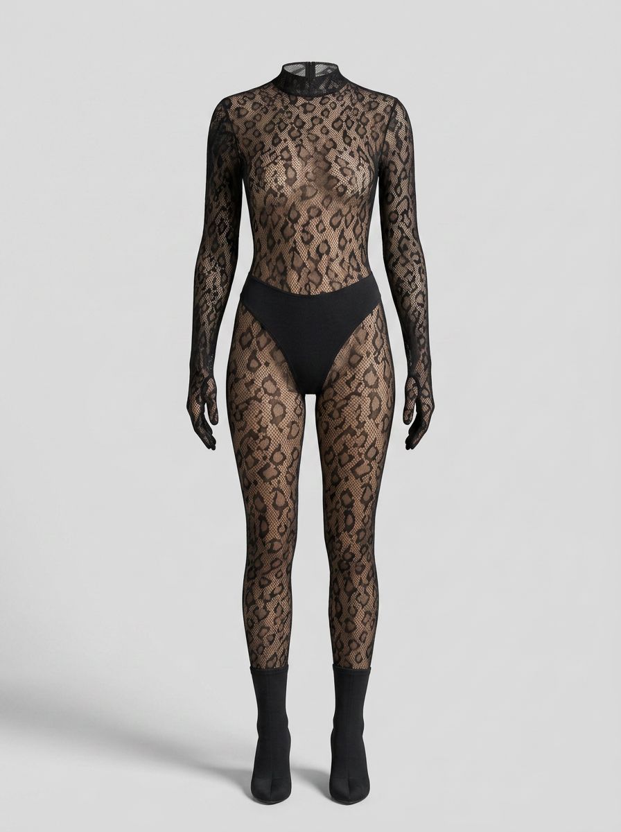 Loving Joy Lace by LJ black leopard print full catsuit bodystocking with lace details and long sleeves.