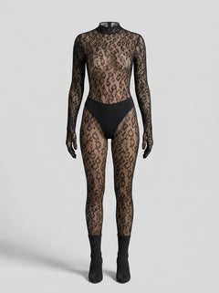 Close-up of the Lace by LJ Gloved Leopard Print Catsuit Black, highlighting the intricate details of the leopard print design and the luxurious fabric.