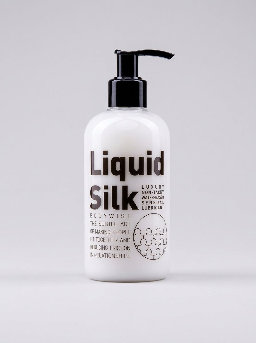 Liquid Silk water-based silky personal lubricant bottle with clear liquid inside and smooth packaging.