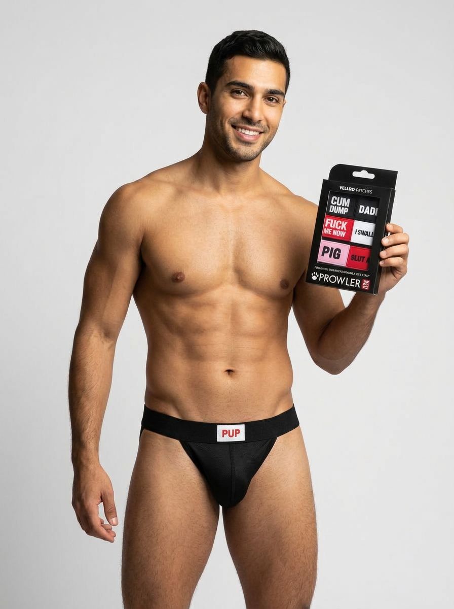 Prowler RED Switch Jock Badges, premium interchangeable kink patches, two-pack, hook-and-loop accessories with bold designs.