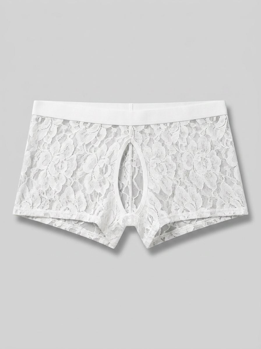 Men's Double Pleasure open front lace boxer briefs by Male Power in white, turquoise, or pink with lace detailing.