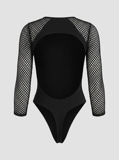 Side view of the Pink Lipstick Definitive Diva Long Sleeve Mesh Backless Bodysuit, demonstrating its flattering silhouette and versatile styling options.