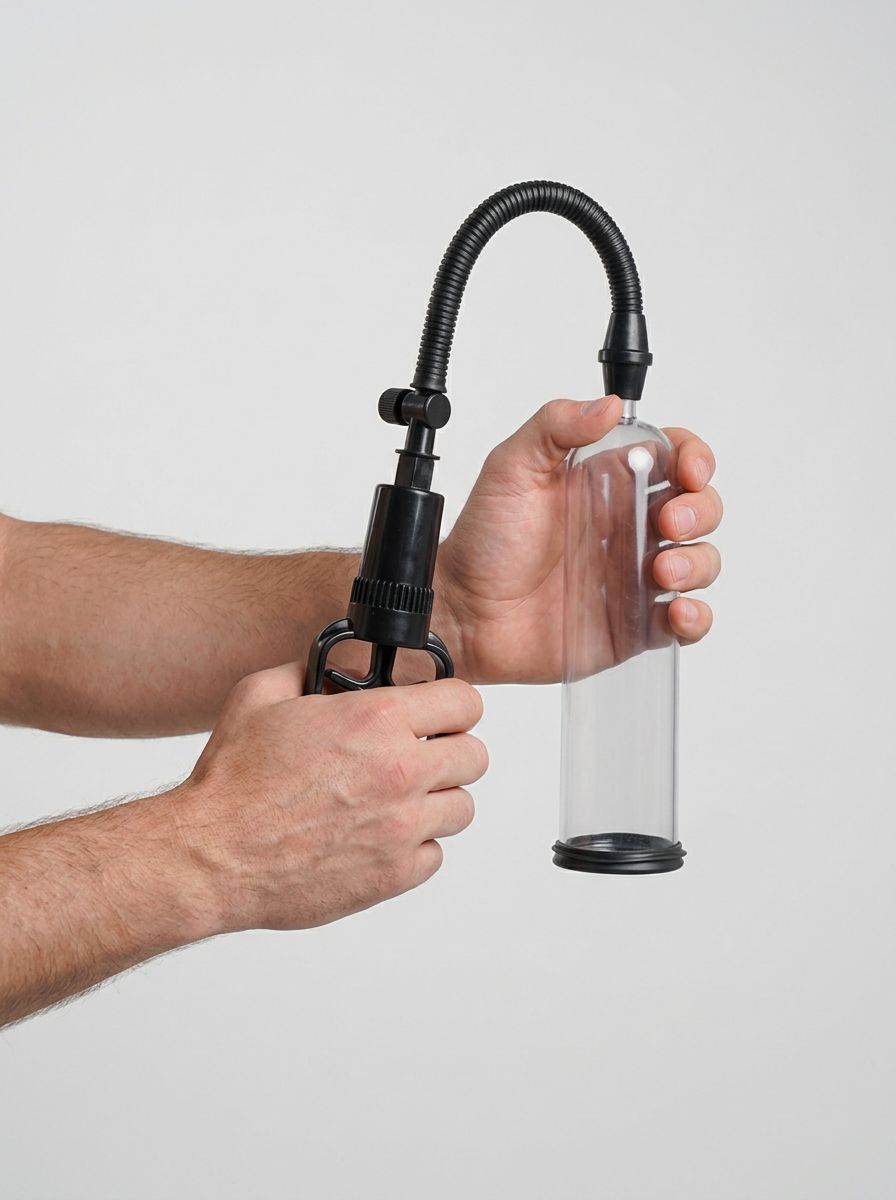 Me You Us Trigger Manual Suction Penis Pump, premium trigger penis pump shown in hand with clear chamber and manual suction hose