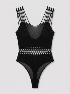 Detailed view of the Pink Lipstick All Access Pass Bodystocking in Black, emphasizing the luxurious strappy bodysuit fit and open net design.