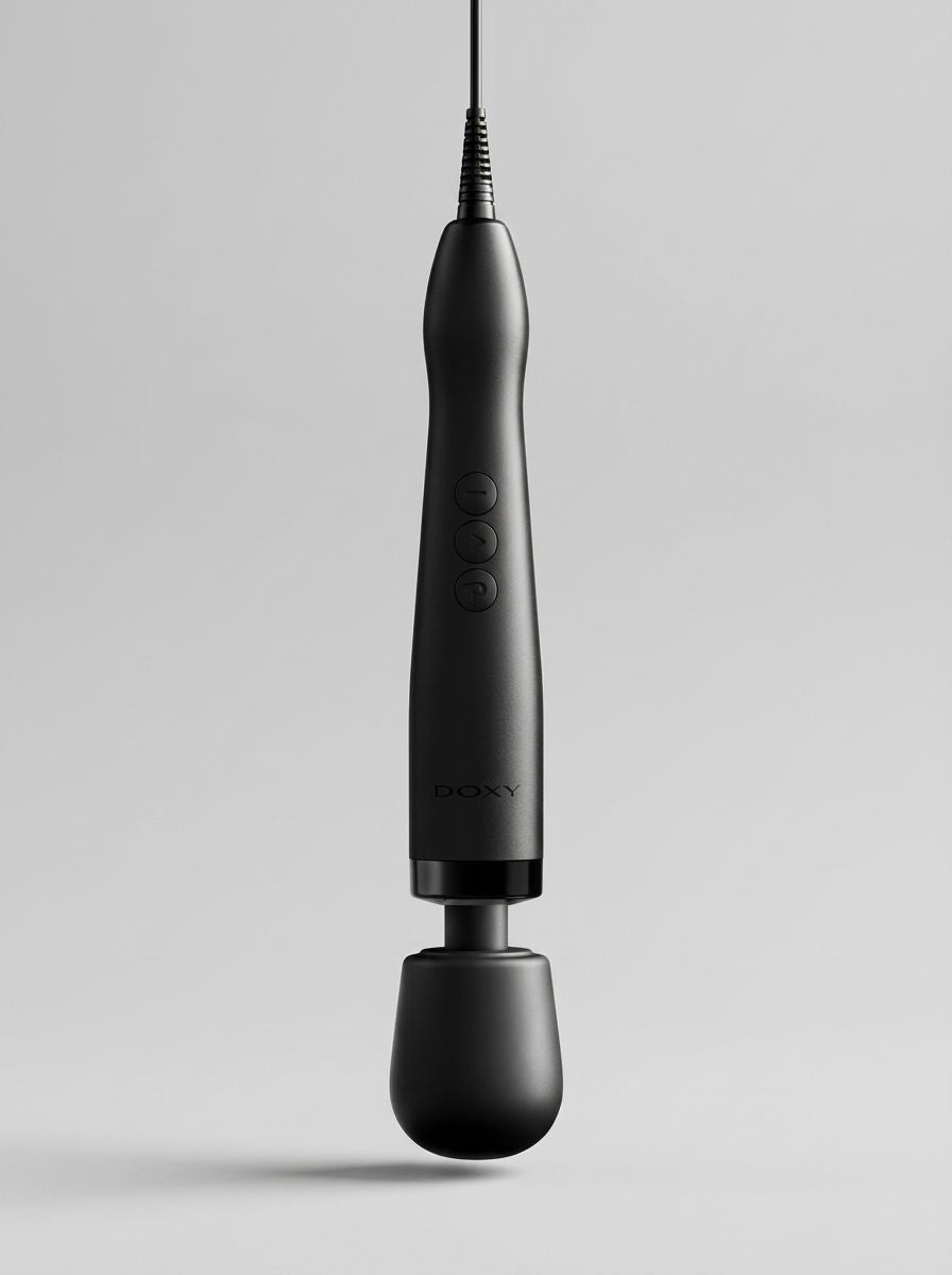 Doxy 2.0 Original Plug-In Massage Wand Vibrator displayed upright, showcasing the sleek black massage wand design and control buttons