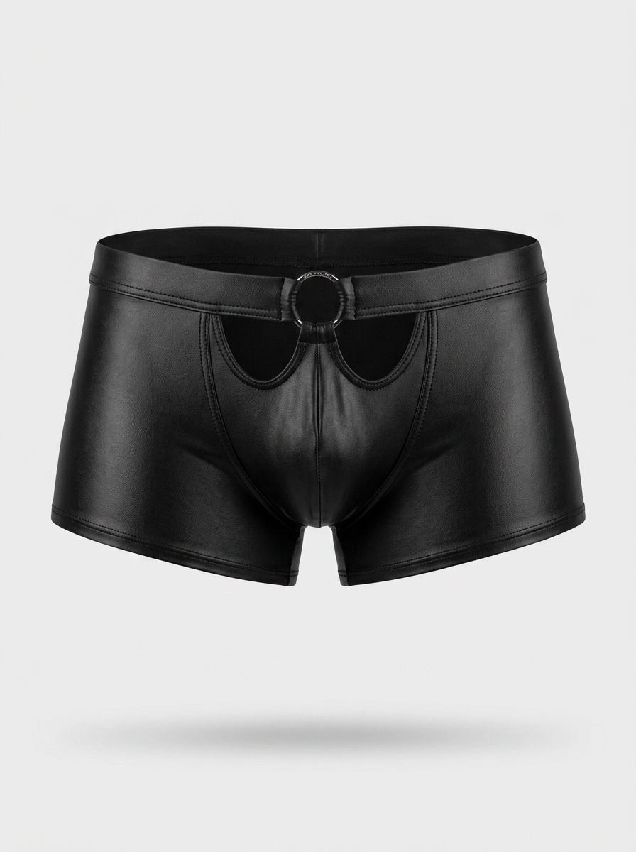 Close-up view of C4M Peekaboo Black Leatherette Mini Pants highlighting the sexy O ring detail for a sophisticated appeal.