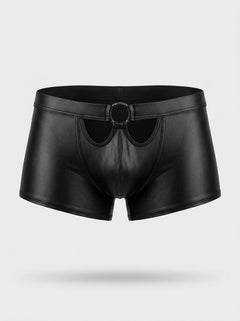 Close-up view of C4M Peekaboo Black Leatherette Mini Pants highlighting the sexy O ring detail for a sophisticated appeal.