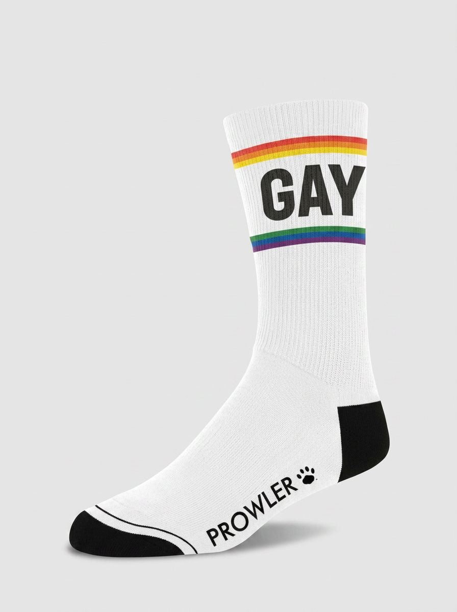 Men's Prowler RED rainbow striped cotton crew socks with gay slogan, featuring colorful rainbow stripes and comfortable knit fabric.