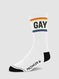 Men's Prowler RED rainbow striped cotton crew socks with gay slogan, featuring colorful rainbow stripes and comfortable knit fabric.