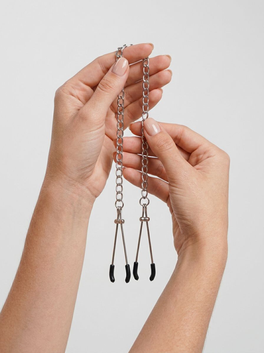 Bound to Please Adjustable Rubber Tip Nipple Clamps & Chain - luxurious nipple clamps designed for sensory play and bondage.