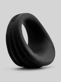 HunkyJunk Expander Silicone Cock & Ball Ring in Black Fog, angled view showing its smooth scoop-shaped cock ring design