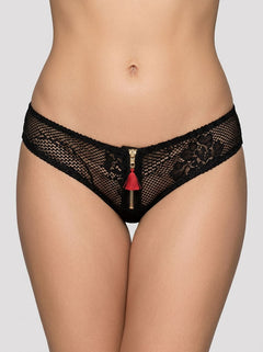 Allure Mika crotchless zip panty with bow detail, black lingerie featuring alluring design and decorative bow accent.