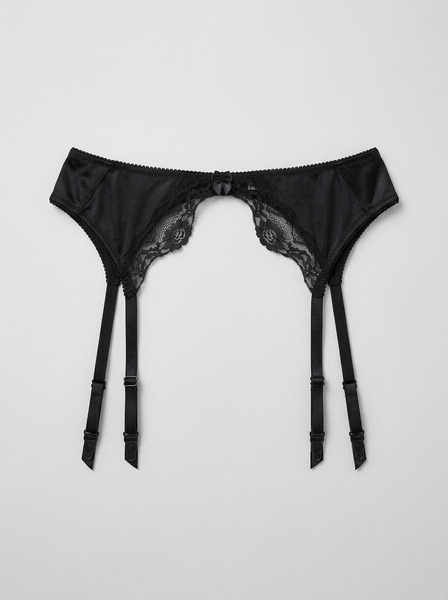 Black Lace Trim Suspender Belt with Metal Clips & Satin Bow Detail – luxurious black lace suspender belt styled with lingerie
