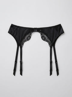 Black Lace Trim Suspender Belt with Metal Clips & Satin Bow Detail – luxurious black lace suspender belt styled with lingerie