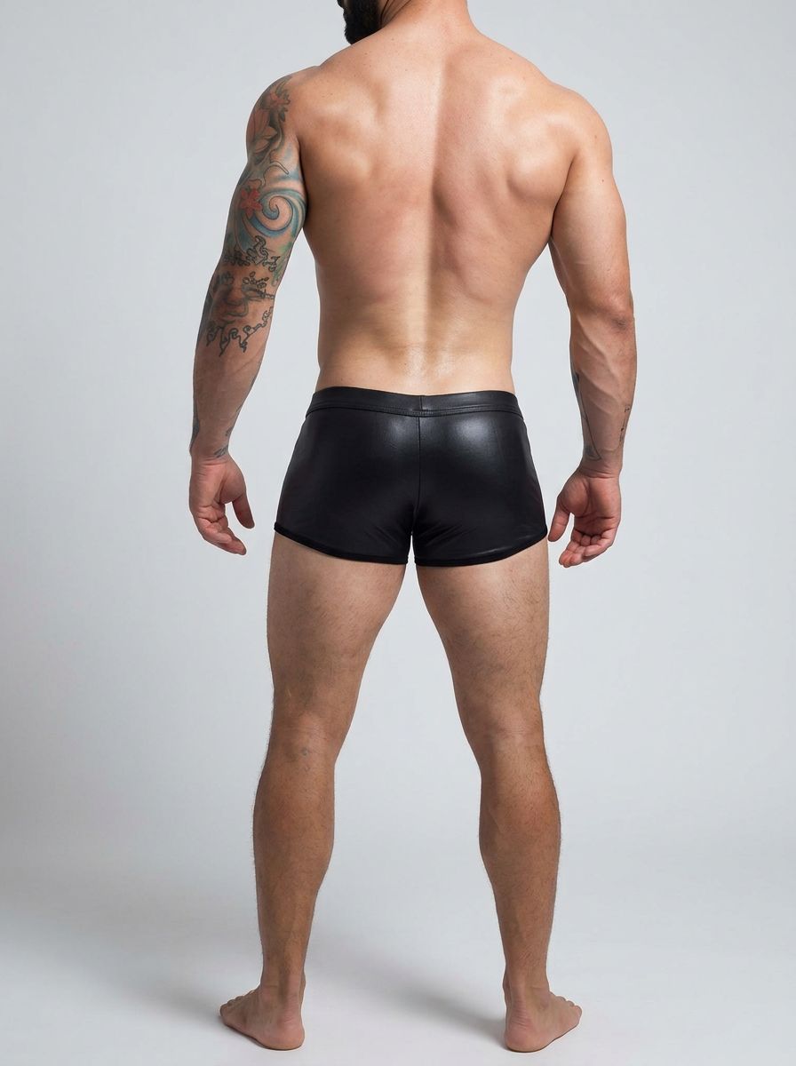 C4M Peekaboo Black Leatherette Mini Pants showcasing a luxurious and modern design with a teasing glimpse of flesh.