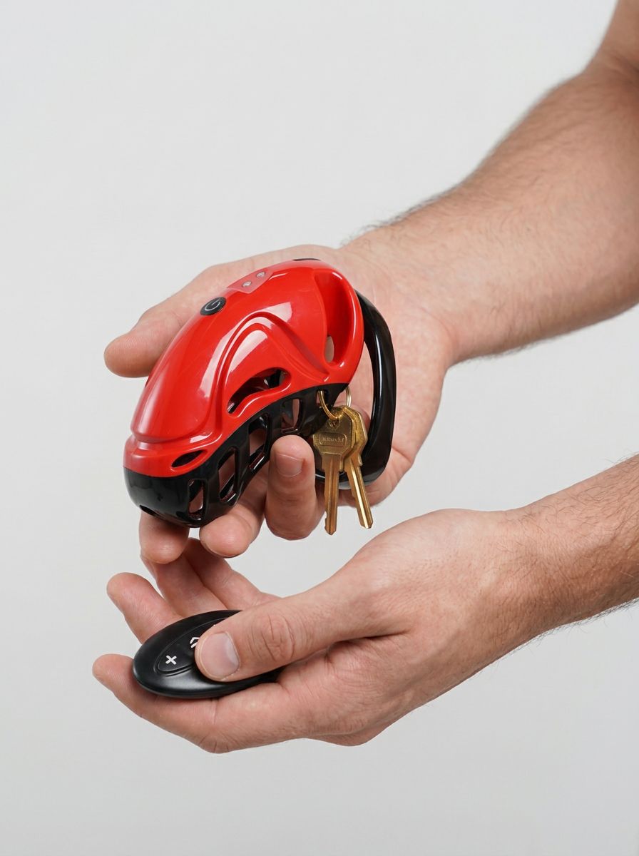 Vibrating Remote Control Plastic Chastity Cock Cage, a luxury vibrating chastity cock cage shown with remote control and keys